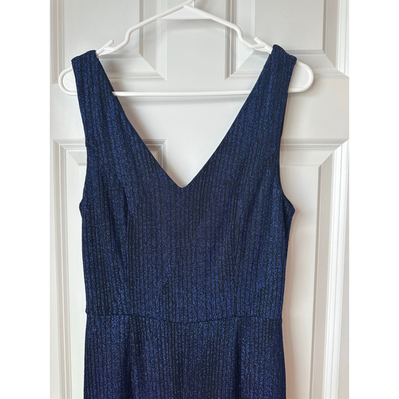 Women's Lulus Blue and Black Metallic Ribbed V-Neck Jumpsuit - Picture 5 of 11